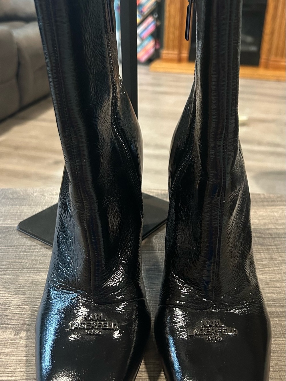 Karl Lagerfeld Black Patent Ankle Boots with Square Toe